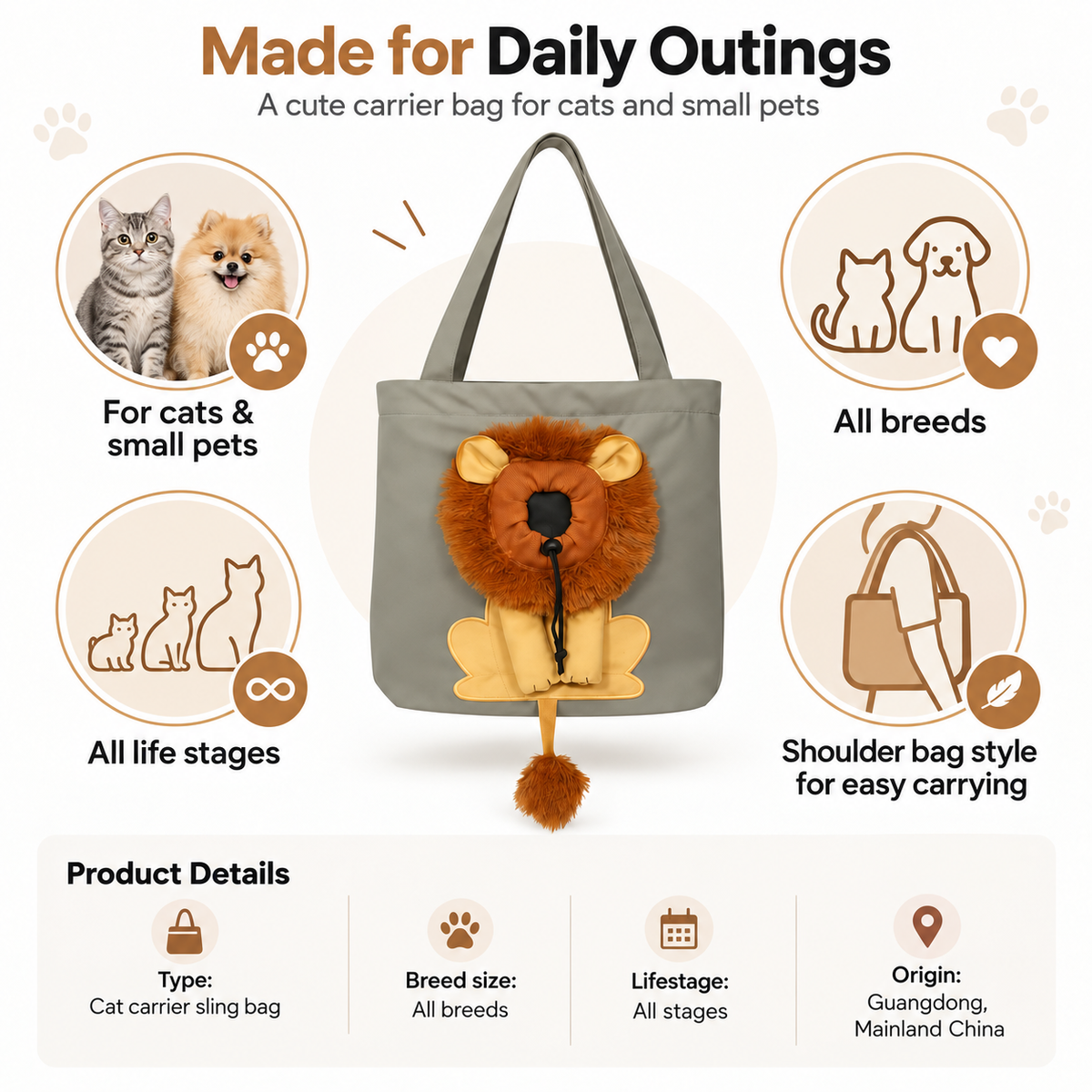 Lion Shaped Pet Carrier Tote Bag