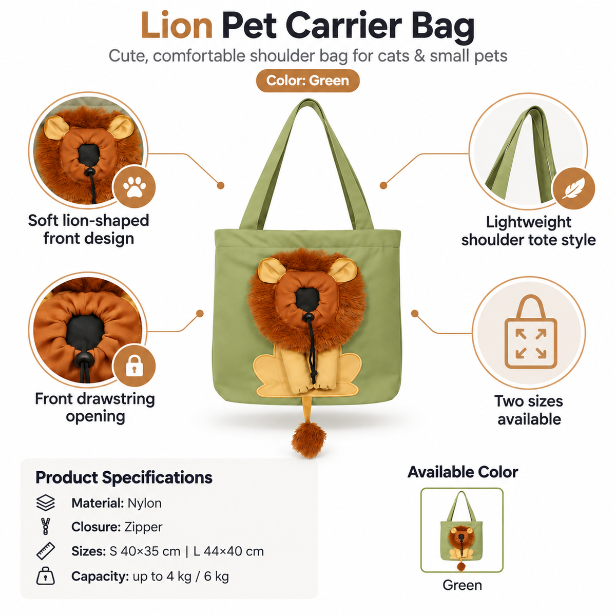 Lion Shaped Pet Carrier Tote Bag